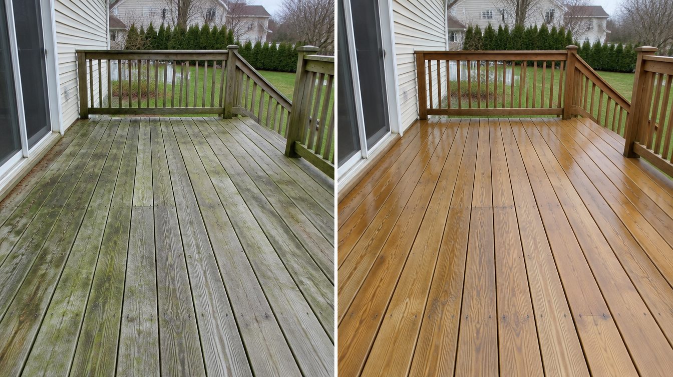 Before and after a Hydro Bros deck soft wash on Long Island: algae stained gray boards on the left, clean wood grain on the right