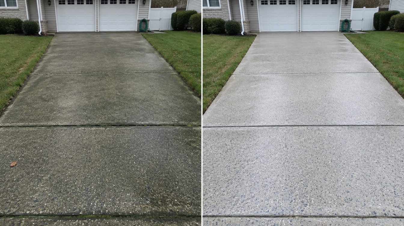 Before and after a Hydro Bros driveway pressure wash on Long Island: algae stained gray concrete on the left, clean bright concrete on the right