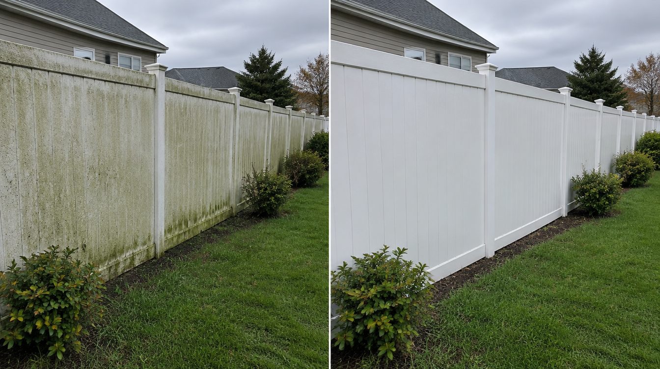 Before and after a Hydro Bros vinyl fence soft wash on Long Island: green algae stained panels on the left, clean white panels on the right