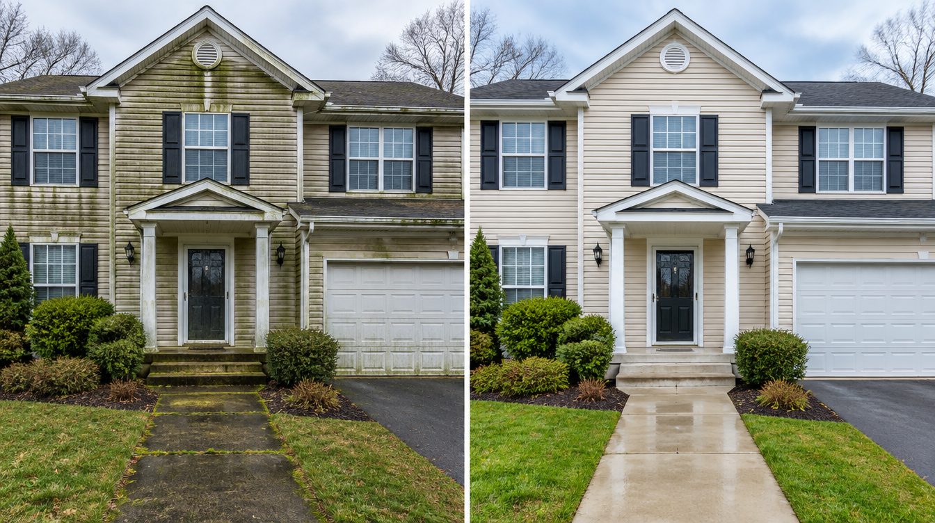 Before and after a Hydro Bros house wash on Long Island: algae stained green siding on the left, clean tan siding on the right